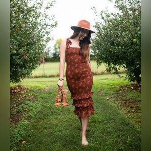 Abercrombie & Fitch SmockedFloral Ruffle cottage core   Midi Dress Brown Size M
